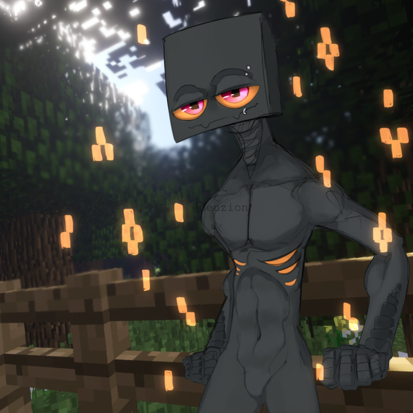 black_body deuzion enderman endertwinks featureless_crotch hi_res humanoid leaning looking_at_viewer male markings microsoft minecraft mojang orange_markings orange_sclera piercing purple_eyes solo video_games xbox_game_studios