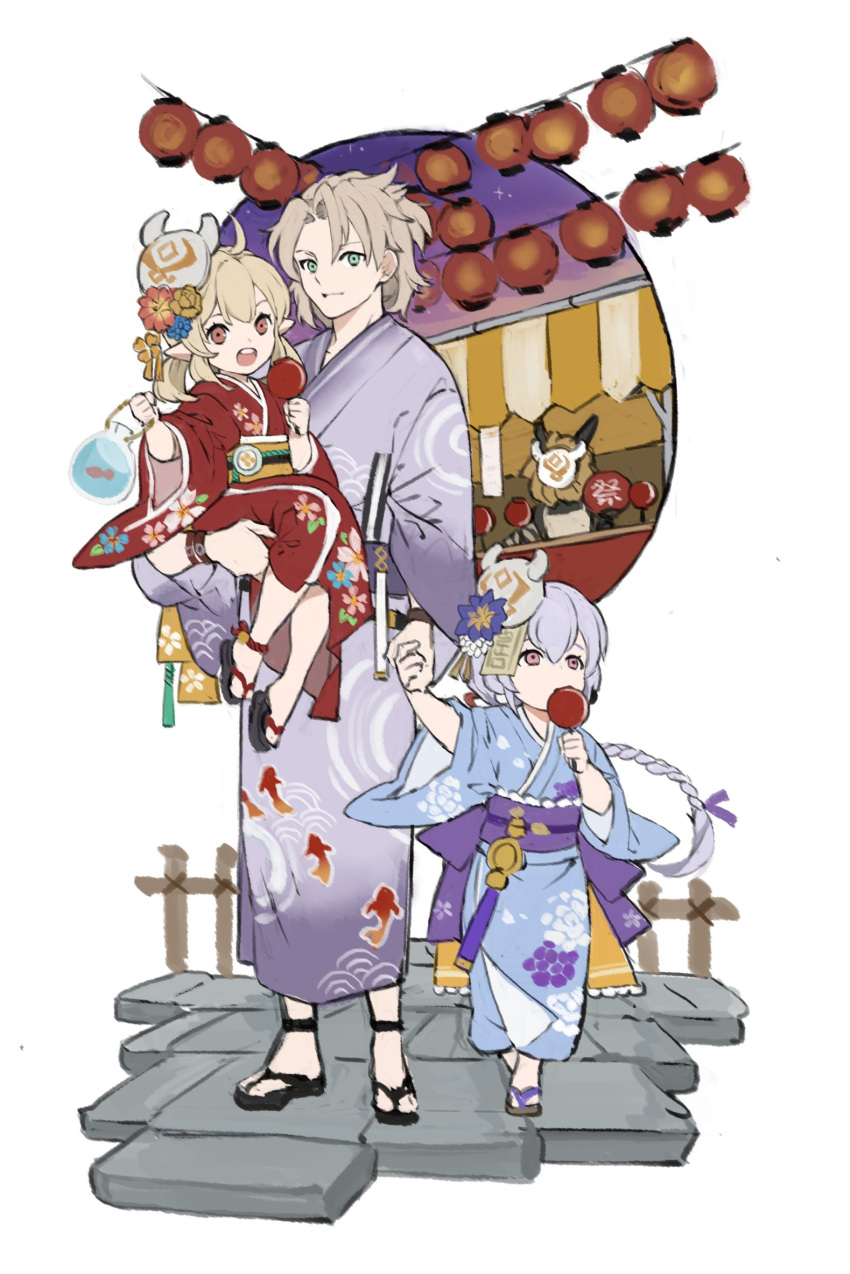 1boy 2girls ahoge albedo_(genshin_impact) alternate_costume bangs blonde_hair blue_eyes candy_apple carrying closed_mouth floral_print food full_body genshin_impact grey_hair highres hilichurl_(genshin_impact) holding holding_hands japanese_clothes kimono klee_(genshin_impact) lantern long_hair market_stall mask mask_on_head multiple_girls obi ofuda open_mouth papajay_(jennygin2) pink_eyes pointy_ears purple_hair qiqi_(genshin_impact) red_eyes sandals sash symbol-only_commentary yukata