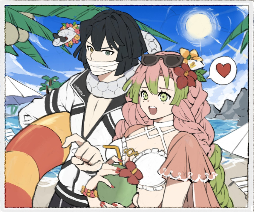 1boy 1girl alternate_costume bandage_on_face bandages bangs beach beach_chair beach_umbrella bikini black_hair braid breasts cloud coconut day drinking_straw eyewear_on_head flower green_eyes green_hair hair_between_eyes hair_flower hair_ornament heart heterochromia highres holding iguro_obanai innertube jacket kanroji_mitsuri kimetsu_no_yaiba lei long_hair nail_polish open_mouth outdoors papajay_(jennygin2) pink_hair red_flower red_nails sky snake spoken_heart sun swimsuit symbol-only_commentary twin_braids umbrella water white_bikini white_flower white_snake yellow_eyes yellow_flower