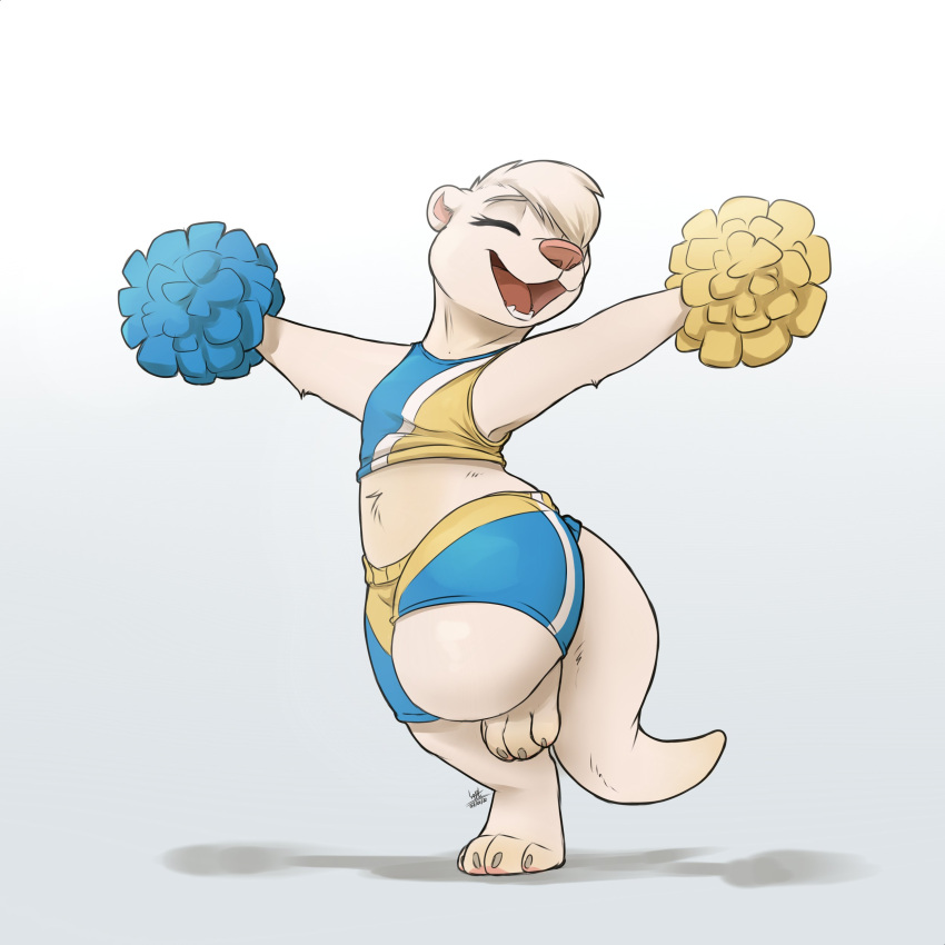 2022 absurd_res anthro cheerleader eyes_closed fur hi_res louart lutrine mammal midriff mustelid open_mouth open_smile signature simple_background smile solo white_background white_body white_fur