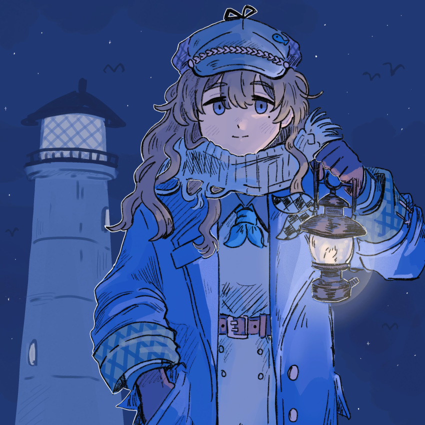 1girl absurdres belt blue_coat blue_eyes blue_neckerchief brown_belt brown_gloves brown_hair closed_mouth coat commentary dress english_commentary gloves grey_hat hand_in_pocket hand_up hat highres lantern lighthouse long_hair looking_at_viewer marcus_(reverse:1999) mogufuuri mole mole_under_eye neckerchief newsboy_cap night outdoors reverse:1999 scarf simple_bird sky smile solo star_(sky) upper_body white_dress white_scarf