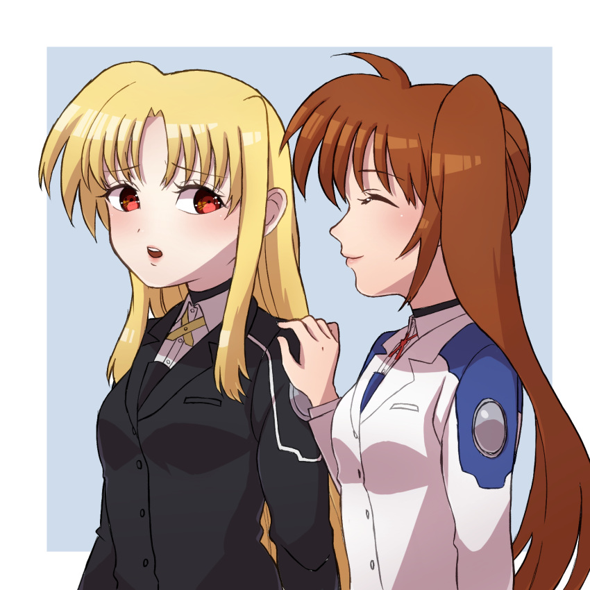 2girls blonde_hair blush brown_hair couple fate_testarossa highres kanoyuki0927 long_hair lyrical_nanoha mahou_shoujo_lyrical_nanoha_strikers military military_uniform multiple_girls red_eyes side_ponytail simple_background surprised takamachi_nanoha tsab_air_military_uniform tsab_executive_military_uniform uniform very_long_hair yuri