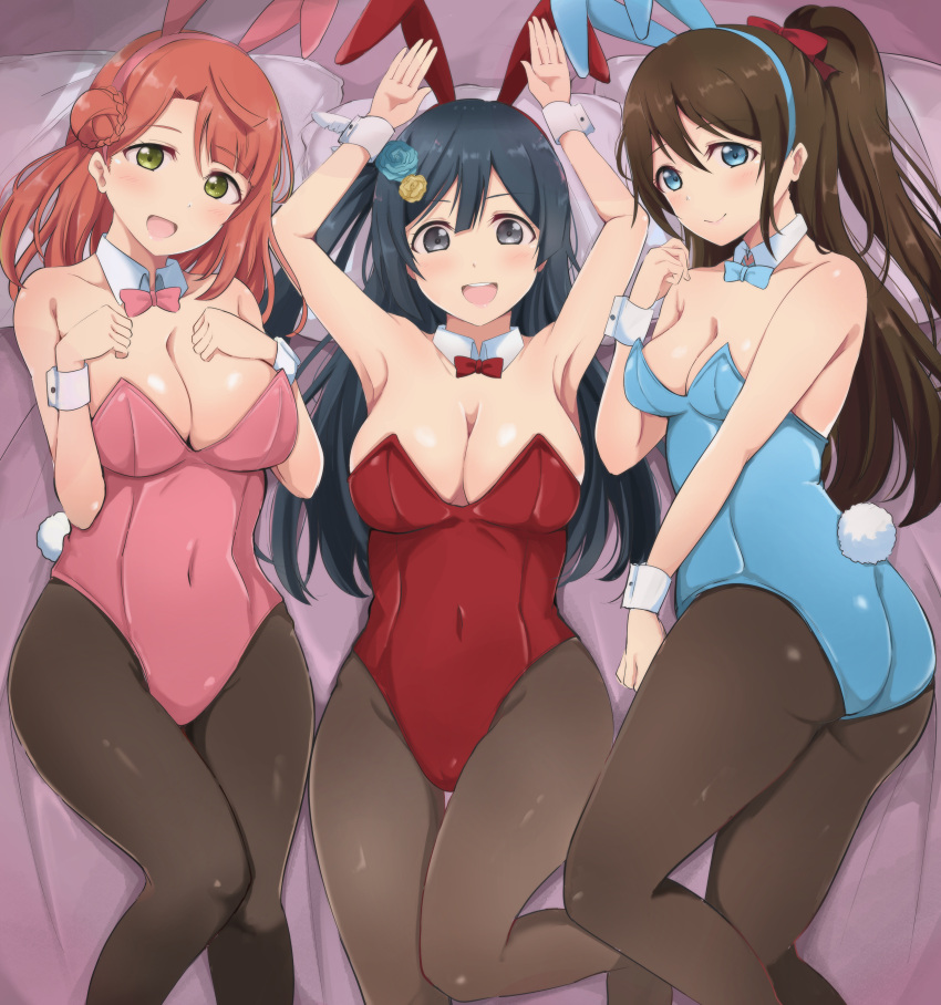 3girls absurdres animal_ears azuna_(love_live!) bangs black_eyes black_hair black_legwear blue_eyes blue_leotard blunt_bangs bow braid braided_bun breasts brown_hair bunny_pose cleavage clothing_cutout detached_collar fake_animal_ears feather_hair_ornament feathers flower grey_eyes hair_between_eyes hair_bow hair_flower hair_ornament hairpin half_updo highleg highres leotard long_hair love_live! love_live!_nijigasaki_high_school_idol_club medium_hair multiple_girls navel_cutout one_side_up orange_hair ousaka_shizuku pantyhose pink_hair playboy_bunny ponytail rabbit_ears rabbit_tail red_bow red_leotard side_bun sidelocks strapless strapless_leotard swept_bangs tail uehara_ayumu wewe wrist_cuffs yellow_eyes yuuki_setsuna_(love_live!)