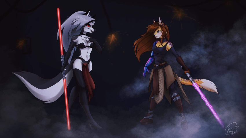 anthro canid canid_demon clothed clothing demon diamond_hellhiem duo female fog fur hellhound helluva_boss hi_res hybrid lightsaber loona_(helluva_boss) mammal melee_weapon multicolored_body multicolored_fur pimmie purple_lightsaber purple_spots red_eyes red_lightsaber spots star_wars weapon