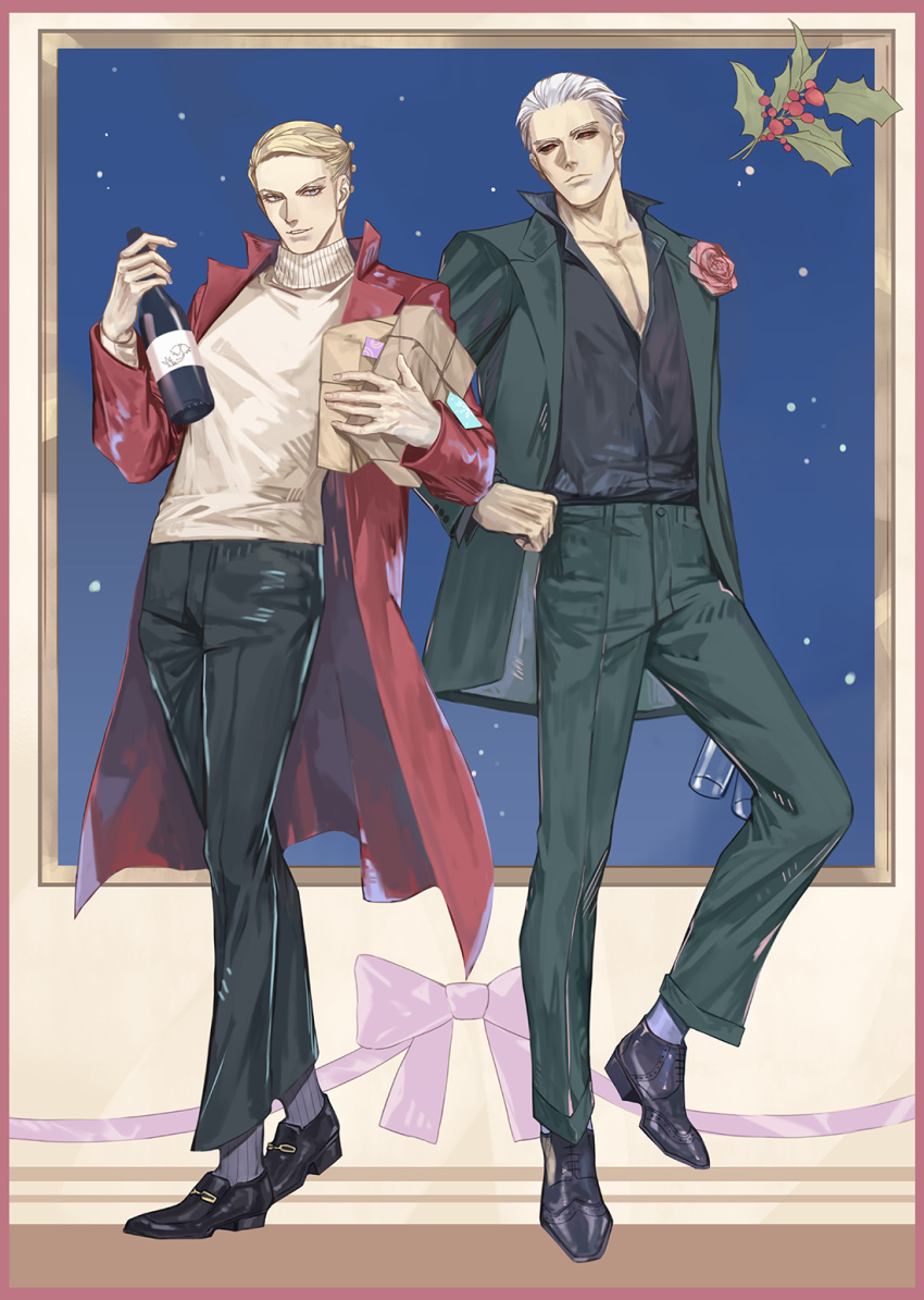 2boys alternate_costume bottle corsage formal gift green_jacket highres jacket jojo_no_kimyou_na_bouken long_coat mistletoe multiple_boys prosciutto red_jacket risotto_nero suit sweater turtleneck vento_aureo yepnean