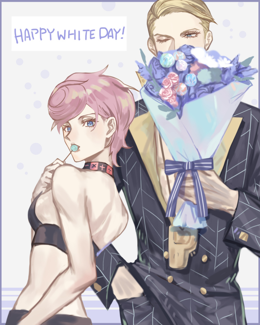 1boy 1girl absurdres blonde_hair blue_eyes bouquet candy food formal happy_white_day highres jewelry jojo_no_kimyou_na_bouken lollipop midriff necklace one_eye_closed pink_hair prosciutto short_hair skirt suit trish_una vento_aureo white_day yepnean