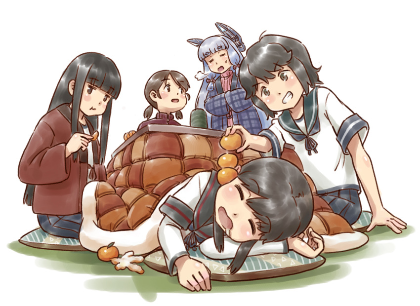 arm_warmers bangs black_hair black_sailor_collar blue_sailor_collar blue_skirt blunt_bangs breath brown_hair closed_eyes commentary_request cup drooling food fruit fubuki_(kancolle) hanten_(clothes) hatsuyuki_(kancolle) headgear jacket kantai_collection karasu_(naoshow357) kotatsu long_hair low_twintails lying mandarin_orange miyuki_(kancolle) murakumo_(kancolle) on_side pleated_skirt red_jacket sailor_collar saliva shirayuki_(kancolle) short_hair sidelocks silver_hair simple_background skirt sleeping table track_jacket twintails wavy_hair white_background yunomi