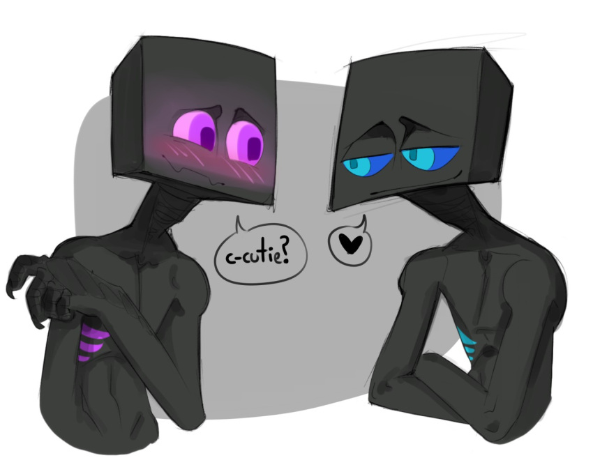 &lt;3 black_body blue_eyes blue_markings blue_sclera blush blush_lines claws crossed_arms deuzion dialogue duo enderman endertwinks humanoid male markings microsoft minecraft mojang purple_eyes purple_markings purple_sclera smile speech_bubble video_games xbox_game_studios