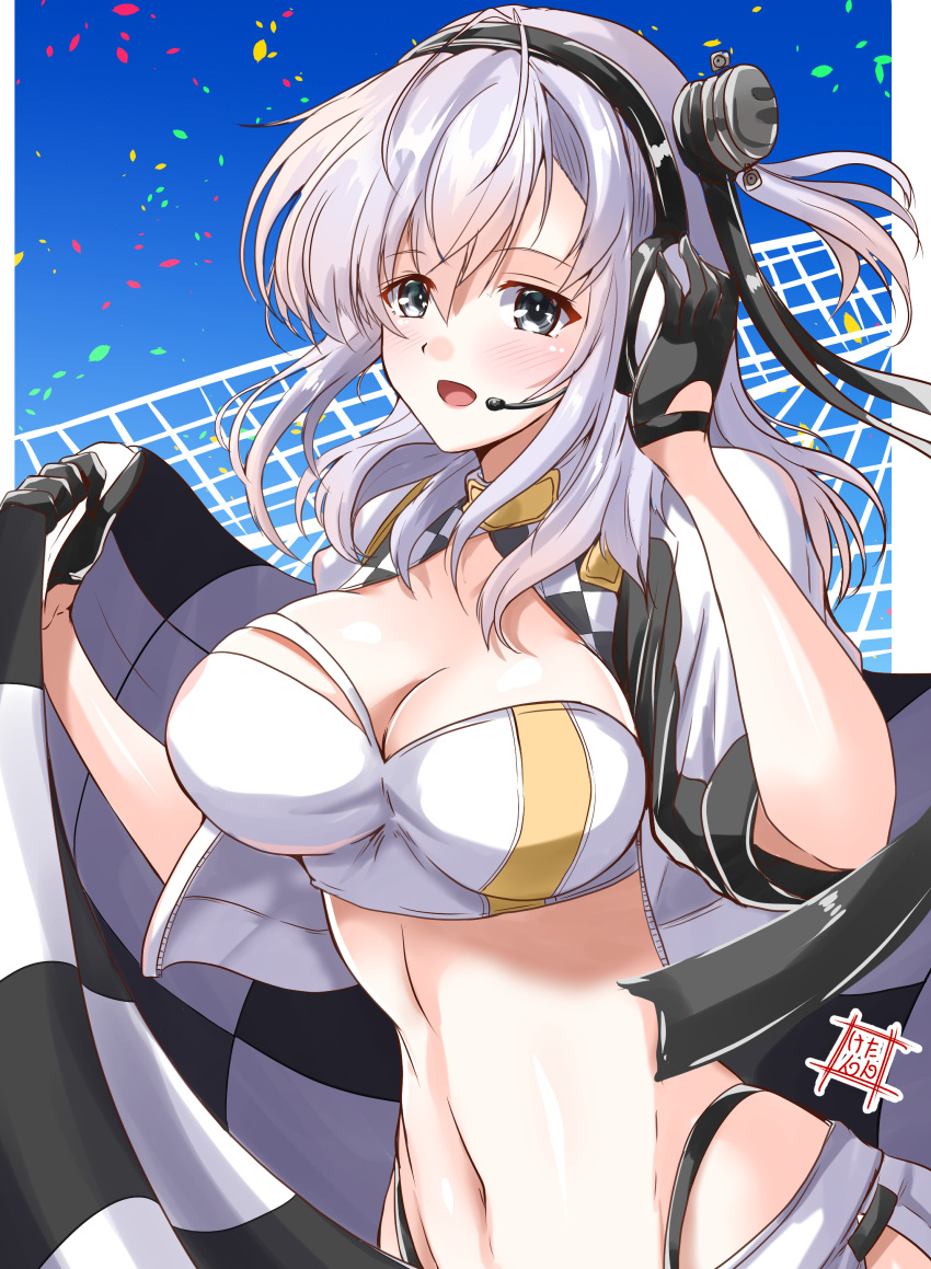 1girl absurdres adapted_costume black_gloves black_panties breasts cape checkered_flag cleavage cosplay cowboy_shot flag gloves gotland_(kancolle) gotland_(kancolle)_(cosplay) grey_eyes headphones headset highleg highleg_panties highres kantai_collection kentan_(kingtaiki) large_breasts one_side_up panties race_queen silver_hair suzutsuki_(kancolle) underwear white_bandeau