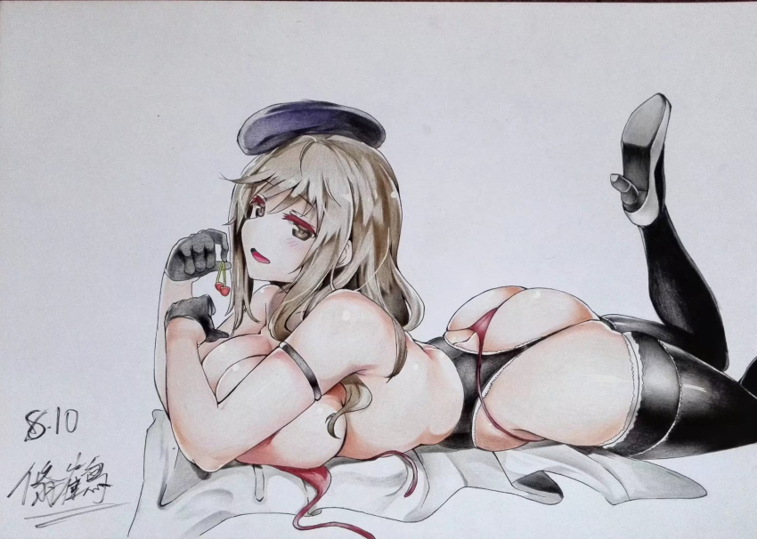 1girl arm_strap artist_name bangs beret black_garter_belt black_gloves black_headwear black_legwear blanket blush bra breasts brown_eyes brown_hair cherry commentary_request dated food from_side fruit girls_und_panzer gloves hat high_heels highres holding holding_food holding_fruit large_breasts legs long_hair looking_at_viewer lying mature_female on_stomach open_mouth panties partial_commentary red_bra red_panties scan shimada_chiyo signature simple_background skindentation smile solo string_panties thighhighs thong tilted_headwear traditional_media tsuruto_(20021007xh) underwear undone_bra white_footwear