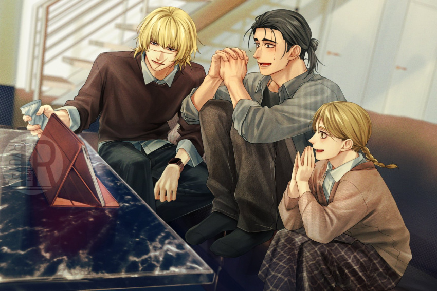 1girl 2boys alternate_costume alternate_hairstyle badeni black_hair black_pants black_socks blonde_hair braid braided_ponytail brown_hair brown_pants brown_sweater chi.:_chikyuu_no_undou_ni_tsuite collared_shirt commentary_request contemporary cup grey_jacket highres holding holding_cup indoors interlocked_fingers iorbtyn jacket jolenta knees_up medium_hair multiple_boys no_shoes oczy open_mouth own_hands_together pants scar scar_on_face scar_on_mouth scar_on_nose shirt short_hair skirt smile socks sweater tablet_pc watch white_shirt wristwatch