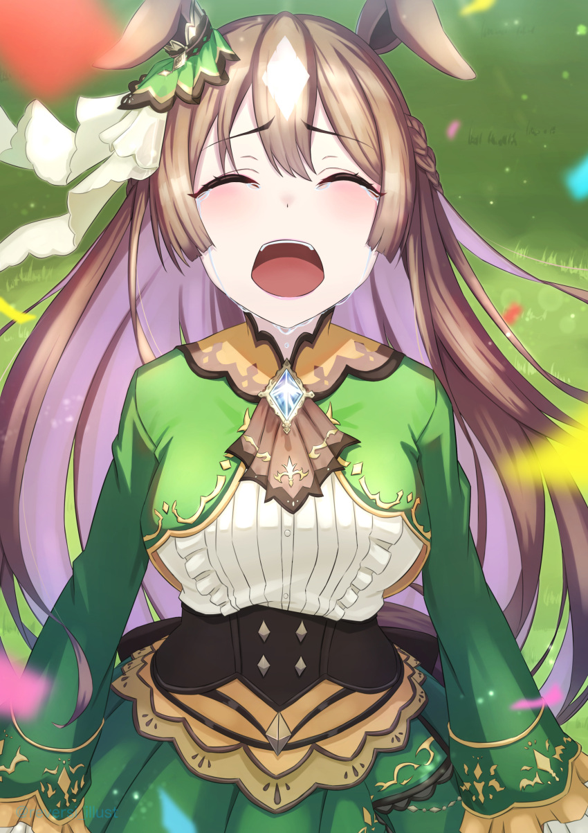 1girl absurdres animal_ears ascot black_corset blush braid breasts brown_ascot brown_hair commentary_request confetti corset crying double-parted_bangs dress ear_ornament frills gem grass green_dress green_jacket hair_between_eyes half_up_braid high-low_skirt highres horse_ears horse_girl horse_tail jacket long_hair long_sleeves multicolored_hair open_mouth othello_katze outdoors satono_diamond_(natural_brilliance)_(umamusume) satono_diamond_(umamusume) sleeves_past_fingers sleeves_past_wrists solo streaked_hair tail tears teeth umamusume upper_teeth_only very_long_hair