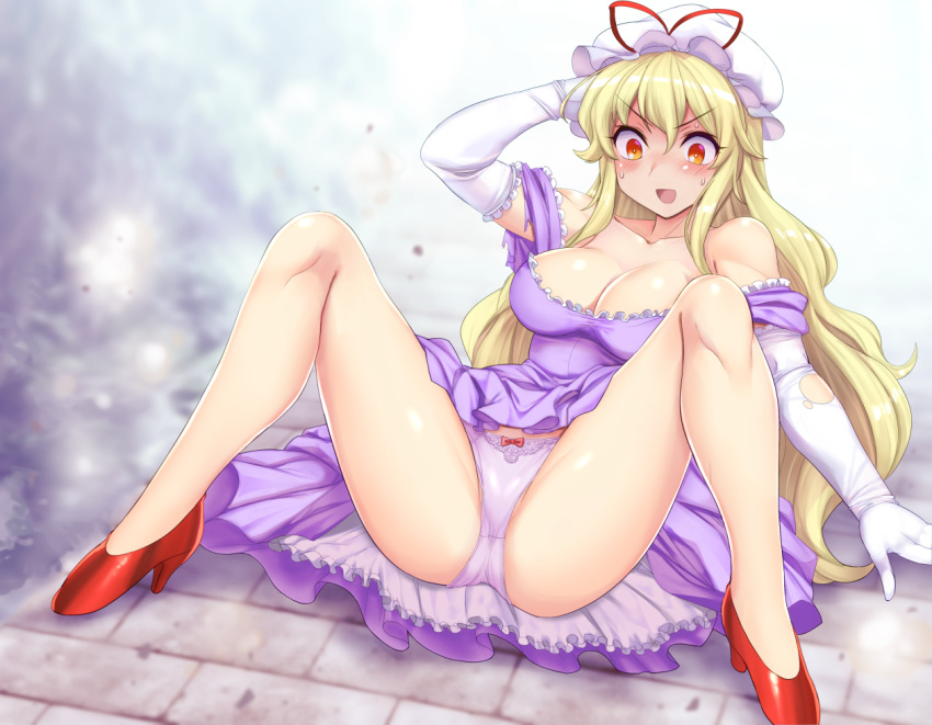 1girl bangs blonde_hair bow bow_panties breasts cleavage commentary_request commission dress elbow_gloves eyebrows_visible_through_hair fallen_down gloves hair_between_eyes hat hat_ribbon high_heels large_breasts long_hair m_legs mob_cap mono_(moiky) open_mouth panties purple_dress purple_panties red_eyes red_footwear red_ribbon ribbon sidelocks skeb_commission solo spread_legs surprised sweat touhou underwear upskirt v-shaped_eyebrows white_background yakumo_yukari