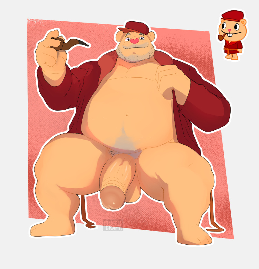 &lt;3 2022 anthro balls bathrobe beard belly big_belly big_penis biped clothing digital_drawing_(artwork) digital_media_(artwork) facial_hair flaccid flufflecraft genitals happy_tree_friends hat headgear headwear heart_nose hi_res huge_penis huge_thighs humanoid_genitalia humanoid_penis hyper hyper_belly looking_at_viewer low-angle_view male mammal moobs navel overweight overweight_anthro overweight_male penis pink_nose plantigrade pop_(htf) pubes reference_image retracted_foreskin robe smile solo thick_thighs tobacco_pipe ursid