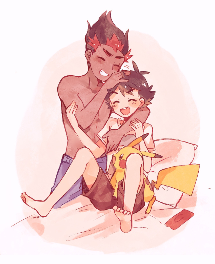 2boys :d antenna_hair ash_ketchum bangs barefoot blush brown_hair brown_shorts catsubun_(kkst0904) closed_eyes commentary dark-skinned_male dark_skin grin highres jewelry kiawe_(pokemon) male_focus multiple_boys necklace open_mouth pikachu pillow pokemon pokemon_(anime) pokemon_(creature) pokemon_sm_(anime) red_hair ruffling_hair shirt short_hair short_sleeves shorts sitting smile t-shirt teeth toes tongue topless_male upper_teeth white_shirt