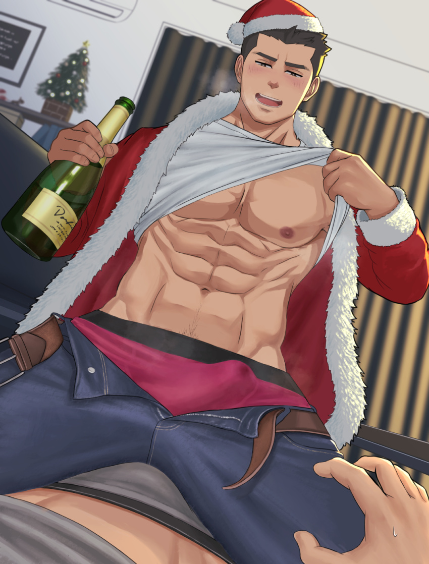 2boys abs bara belt black_hair blush bottle bulge champagne_bottle christmas clothes_lift coat curtains dark_nipples denim drunk dutch_angle erection erection_under_clothes fur-trimmed_coat fur-trimmed_headwear fur_trim grey_male_underwear half-closed_eyes hand_up hat highres holding holding_bottle indoors jeans kode65851125 lifted_by_self looking_at_viewer male_focus male_underwear multiple_boys muscular muscular_male naughty_face navel navel_hair nipples open_belt open_fly open_mouth open_pants original pants pectorals pov pov_hands precum red_coat red_headwear red_male_underwear santa_hat shirt shirt_lift short_hair solo_focus steaming_body straddling sweatdrop underwear very_short_hair white_shirt yaoi