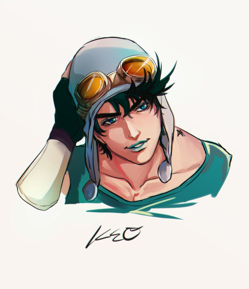 1boy aviator_hat battle_tendency blue_eyes blue_lips fingerless_gloves gloves goggles goggles_on_head highres jojo_no_kimyou_na_bouken joseph_joestar joseph_joestar_(young) lipstick makeup male_focus oppi_(ksop28) solo tank_top