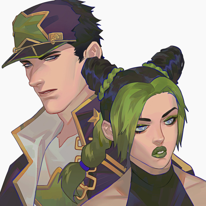 1boy 1girl black_hair blue_eyes braid double_bun father_and_daughter green_hair green_lips hat highres jojo_no_kimyou_na_bouken kujo_jolyne kujo_jotaro long_coat multicolored_hair ponytail qi_hui stone_ocean two-tone_hair