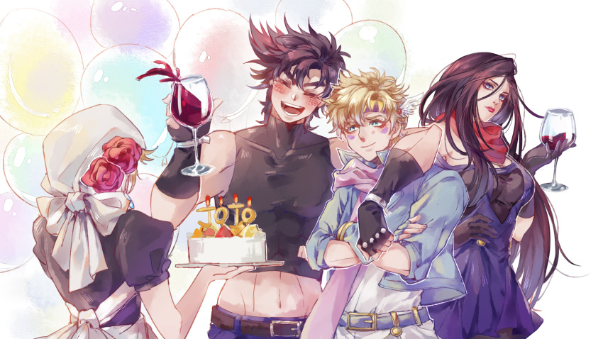 2boys 2girls absurdres alcohol apron balloon bandana battle_tendency birthday_cake black_hair blonde_hair blue_eyes blue_jacket blush caesar_anthonio_zeppeli cake crossed_arms cup cupping_glass drinking_glass drunk earrings facial_mark fingerless_gloves flower food gloves green_eyes hair_ornament hat hat_flower headband highres jacket jewelry jojo_no_kimyou_na_bouken joseph_joestar joseph_joestar_(young) lisa_lisa long_hair male_focus midriff multiple_boys multiple_girls pink_scarf puffy_sleeves red_scarf scarf sky_kiki sleeveless sleeveless_turtleneck smile suzi_q turtleneck wine wine_glass wing_hair_ornament