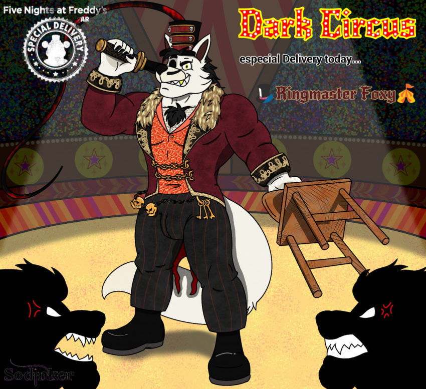 canid canine circus clothing felid feral five_nights_at_freddy's fox foxy_(fnaf) group hat headgear headwear humanoid lion male male/male mammal muscular pantherine public ringmaster_foxy_(fnaf) ringmaster_outfit scott_cawthon scottgames sondinker_fazbear's special_delivery_(fnaf) stage stage_lights video_games whip