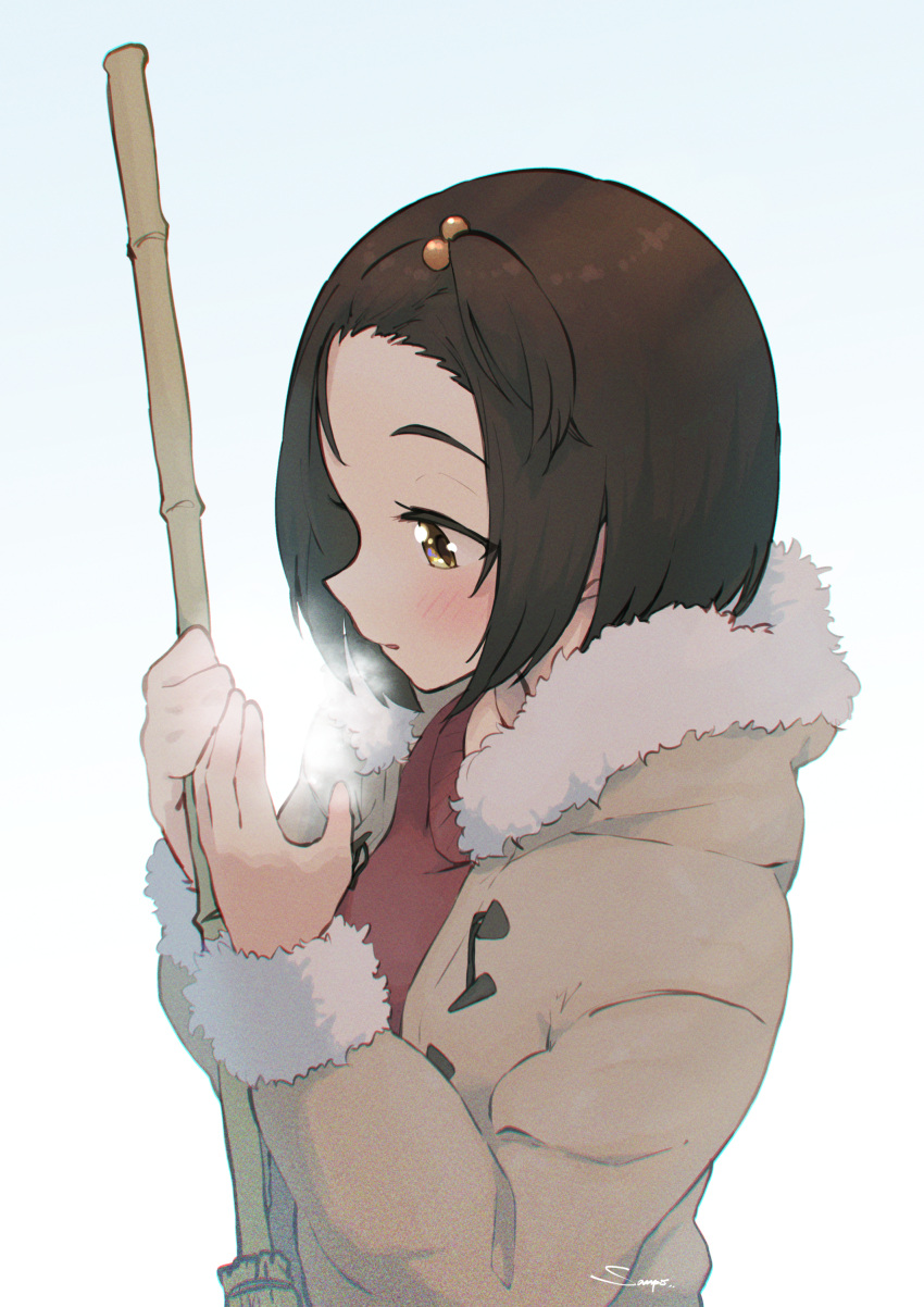 1girl absurdres black_hair blush bob_cut breath broom coat cold duffel_coat forehead fur-trimmed_coat fur_trim highres idolmaster idolmaster_cinderella_girls looking_at_hands profile red_sweater sanpo_(sanpo_1027) simple_background solo sweater upper_body yanase_miyuki