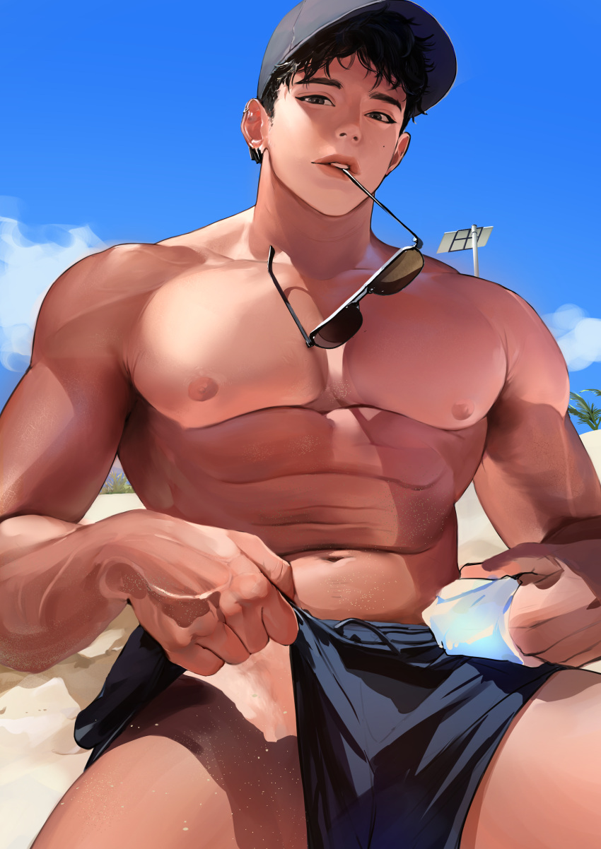 1boy absurdres bangs bara baseball_cap beach black_hair blue_shorts collarbone day drawstring eloseu_(haribochase) eyewear_in_mouth hat highres large_pectorals lifted_by_self lips looking_at_viewer male_focus mole_on_cheek mouth_hold muscular muscular_male navel nipples nose on_ground original outdoors parted_lips pectorals realistic sand short_hair short_shorts shorts shorts_lift sitting solo sunglasses sunlight veins veiny_arms