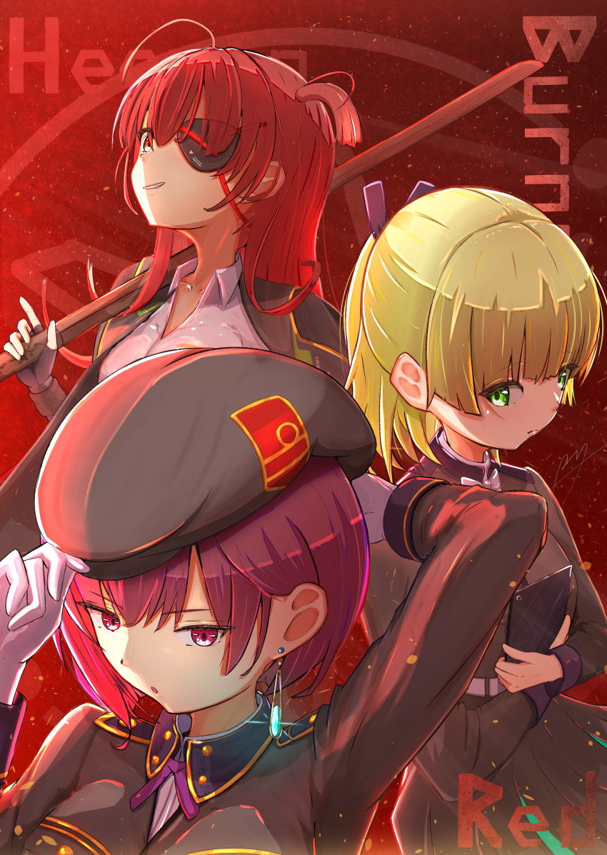 3girls absurdres adjusting_clothes adjusting_headwear ahoge arm_behind_head asami_makiko_(heaven_burns_red) backlighting black_gloves black_hat black_jacket black_ribbon black_skirt blonde_hair blunt_ends bob_cut bow bowtie closed_mouth collared_shirt commentary_request copyright_name cowboy_shot earrings eyepatch fingerless_gloves gloves green_eyes hair_ribbon half_updo hand_up hat heaven_burns_red highres holding holding_notepad holding_sword holding_weapon jacket jewelry light_particles long_sleeves looking_at_viewer medium_hair military_hat military_uniform multiple_girls nanase_nanami_(heaven_burns_red) neck_ribbon notepad one_eye_covered one_side_up open_mouth over_shoulder parted_lips pleated_skirt ponytail psy_(artist) purple_hair purple_ribbon red_background red_eyes red_hair ribbon shirt short_hair signature simple_background skirt smile sword sword_over_shoulder tezuka_saki v-shaped_eyebrows weapon weapon_over_shoulder white_bow white_bowtie white_gloves white_shirt wooden_sword