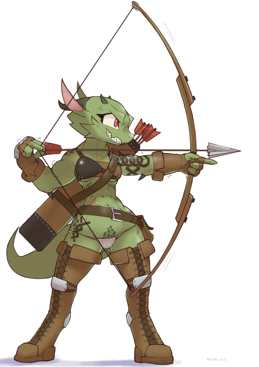 2021 4_fingers abs anthro armor arrow_(weapon) boots bow_(weapon) breastplate breasts camel_toe clenched_teeth clothed clothing dated fangs female fingerless_gloves fingers footwear gloves green_body green_scales handwear hi_res holding_object holding_weapon horn kemono kobold muscular muscular_anthro muscular_female pink_inner_ear quiver ranged_weapon red_eyes sat_v12 scales scalie scar sharp_teeth signature skimpy_armor small_breasts solo standing tattoo teeth topwear translated_description tube_top unconvincing_armor under_boob underwear weapon