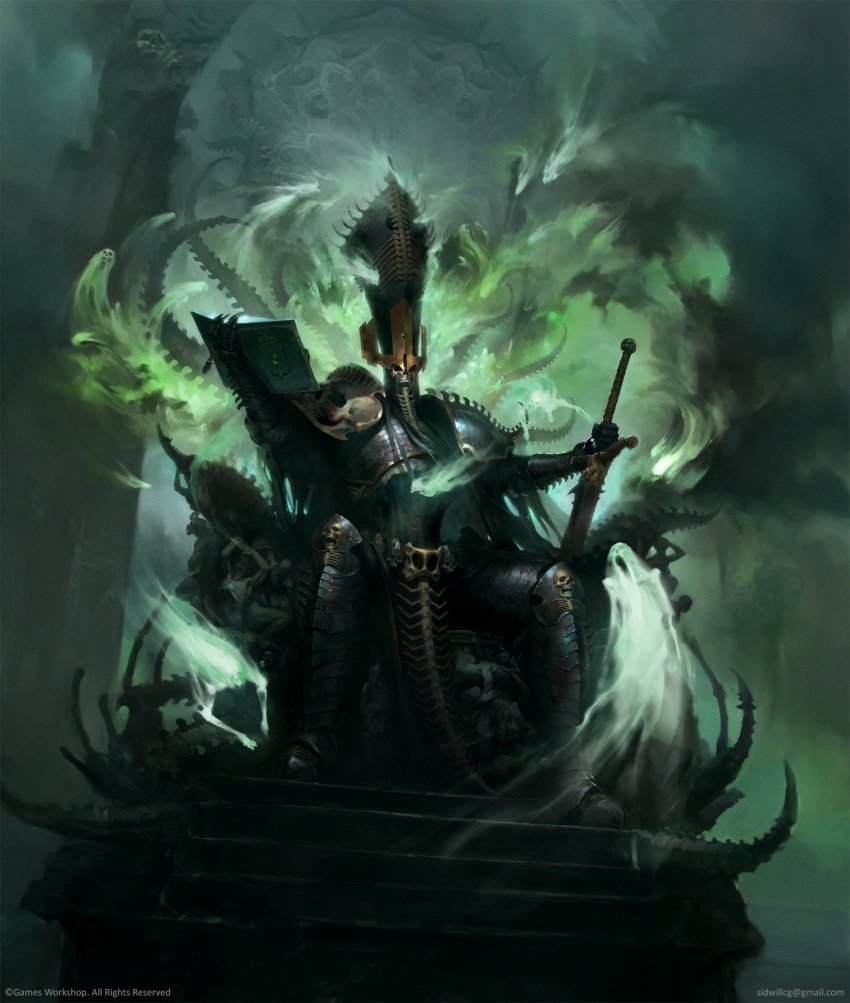 1boy armor black_armor black_helmet bone bone_armor book commentary copyright_name english_commentary ghost giant glowing helmet highres holding holding_book holding_sword holding_weapon horror_(theme) igor_sid indoors lich male_focus midriff nagash no_eyes official_art on_throne sculpture sitting solo stairs sword throne undead warhammer:_age_of_sigmar weapon web_address