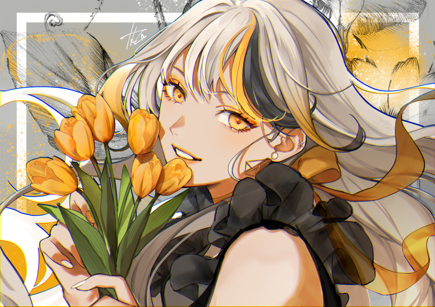 1girl bangs black_hair flower looking_at_viewer multicolored_hair orange_eyes orange_flower orange_hair original smile solo solo_focus takashi_(huzakenna) white_hair white_nails