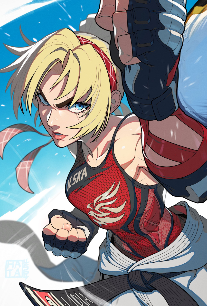 1girl bangs bare_shoulders belt black_belt blocking blonde_hair blue_background blue_eyes breasts character_name clenched_hands clothes_around_waist collarbone contrapposto dougi elbow_pads eyelashes fighting fighting_stance fingerless_gloves fingernails foreshortening gloves hair_between_eyes hata4564 headband highres karate karate_gi kicking lidia_sobieska looking_to_the_side medium_breasts muscular muscular_female open_mouth parted_lips ponytail red_tank_top scar scar_across_eye scar_on_face studded_gloves tank_top tekken tekken_7 upper_body v-shaped_eyebrows watermark