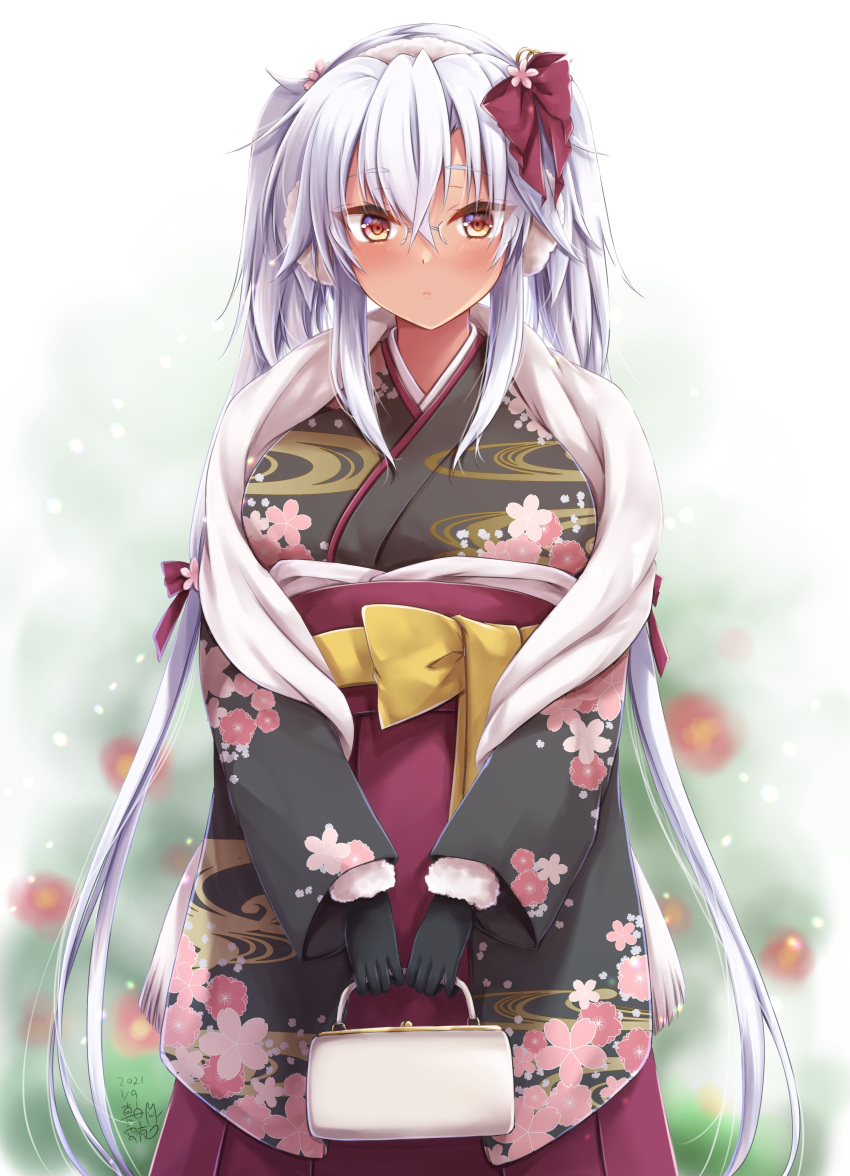 1girl absurdres alternate_costume bag black_gloves black_kimono breasts dark-skinned_female dark_skin floral_print glasses gloves grey-framed_eyewear hair_between_eyes hakama handbag highres holding holding_bag japanese_clothes kantai_collection kimono large_breasts mashiro_yukiya musashi_(kancolle) print_kimono rectangular_eyewear red_eyes red_hakama remodel_(kantai_collection) semi-rimless_eyewear solo twintails