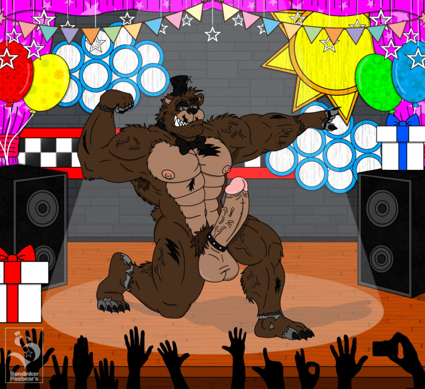 barazoku clothing feral five_nights_at_freddy's five_nights_at_freddy's_4 freddy_(fnaf) genitals gift_box group hat headgear headwear humanoid male male/male mammal muscular nipples penis public public_nudity scott_cawthon scottgames sondinker_fazbear's stage stage_curtains stage_lights top_hat ursid vein veiny_penis video_games