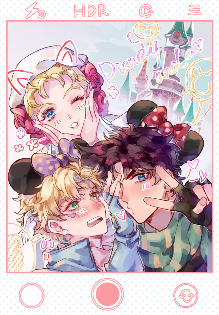 1girl 2boys bandana battle_tendency blonde_hair blue_eyes blue_jacket blush bow brown_hair caesar_anthonio_zeppeli castle cellphone cheek_squash disneyland dutch_angle green_eyes green_scarf hat hat_bow highres jacket jojo_no_kimyou_na_bouken joseph_joestar joseph_joestar_(young) mickey_mouse_ears multiple_boys one_eye_closed phone pouty_lips scarf selfie sky_kiki smartphone striped striped_scarf suzi_q viewfinder