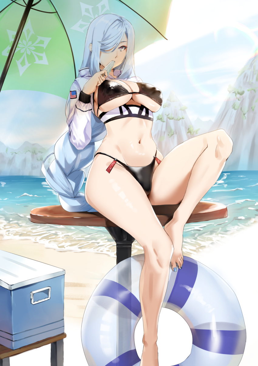 1girl beach beach_umbrella bikini blue_hair breasts clear_sky cleavage commission cooler day food genshin_impact hair_over_one_eye highres inflatable_raft large_breasts long_bangs long_hair looking_at_viewer navel outdoors parasol popsicle_in_mouth sebakanken shenhe_(genshin_impact) sky solo swimsuit table thighs umbrella