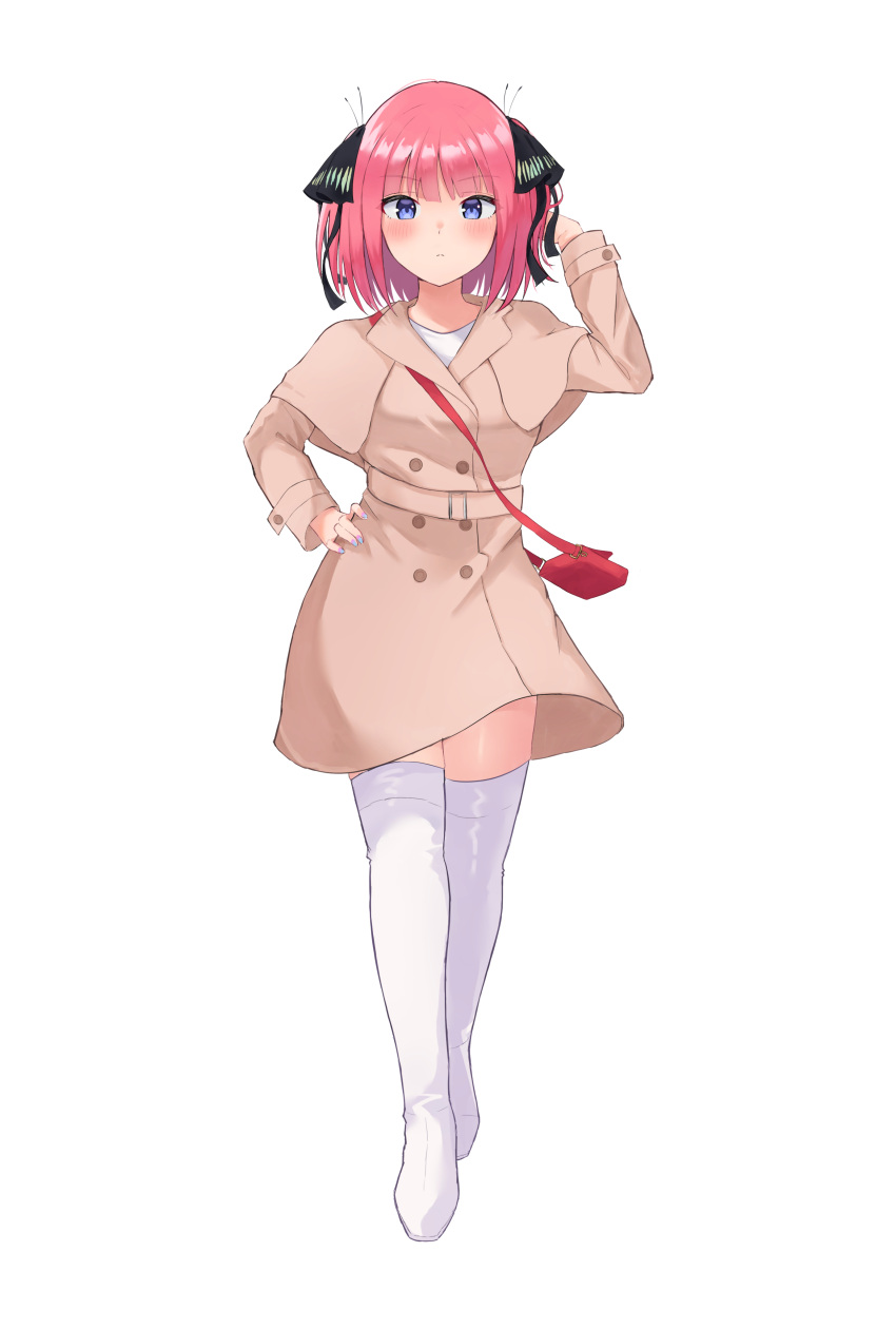 1girl absurdres arm_up bag bangs beige_coat belt black_ribbon blue_eyes blunt_bangs blush boots butterfly_hair_ornament capelet closed_mouth coat go-toubun_no_hanayome hair_ornament hand_on_hip handbag highres looking_at_viewer multicolored_nails nail_polish nakano_nino pink_hair raised_eyebrows ribbon shosann1612 simple_background thick_thighs thigh_boots thighhighs thighs twintails white_background white_footwear white_legwear zettai_ryouiki