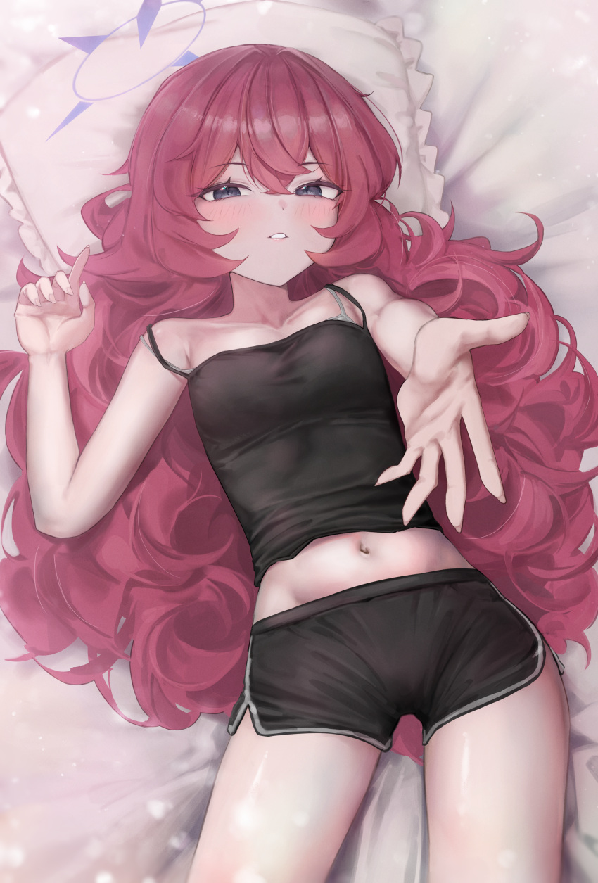 1girl absurdres ahiru_(ahahahahiru) black_camisole black_shorts blue_archive breasts camisole commentary_request dolphin_shorts halo highres iroha_(blue_archive) long_hair looking_at_viewer lying navel on_back pillow purple_halo red_hair shorts small_breasts solo