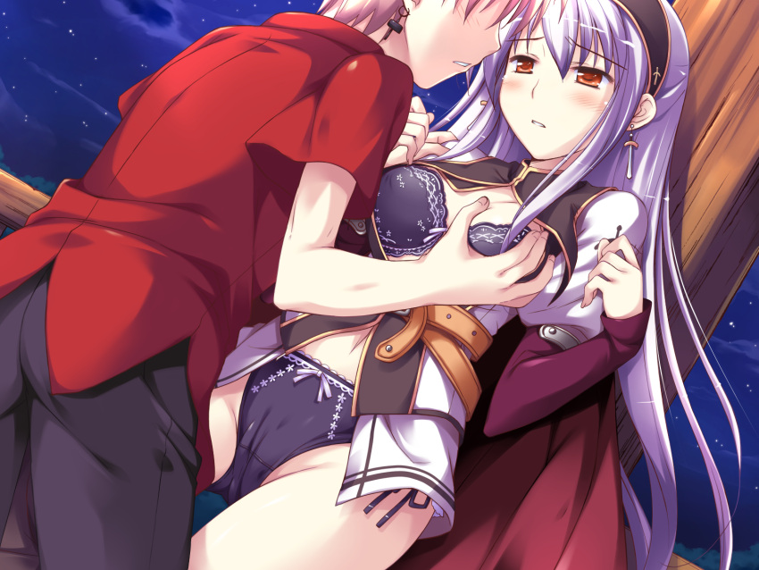 1boy 1girl black_bra black_headband black_panties black_pants blush bra breast_grab breasts chelsea_arcot earrings floating_hair game_cg grabbing headband hetero highres jacket jewelry ko~cha layered_sleeves leicester_maycraft long_hair long_sleeves looking_at_viewer medium_breasts midriff navel night open_clothes open_jacket orange_eyes outdoors panties pants parted_lips purple_sky red_shirt red_sleeves shirt short_over_long_sleeves short_sleeves shukufuku_no_campanella side-tie_panties silver_hair stomach underwear very_long_hair white_jacket