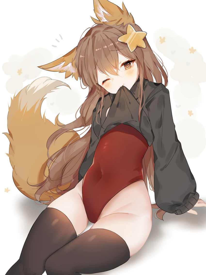 1girl animal_ear_fluff animal_ears annytf bangs black_legwear black_sweater breasts brown_eyes brown_hair clothes_lift commission commissioner_upload groin hair_between_eyes hair_ornament highres indie_virtual_youtuber leotard leotard_under_clothes long_hair looking_at_viewer one_eye_closed simple_background skeb_commission solo sorani_(kaeru0768) star_(symbol) star_hair_ornament sweater sweater_lift tail thighhighs turtleneck turtleneck_sweater virtual_youtuber
