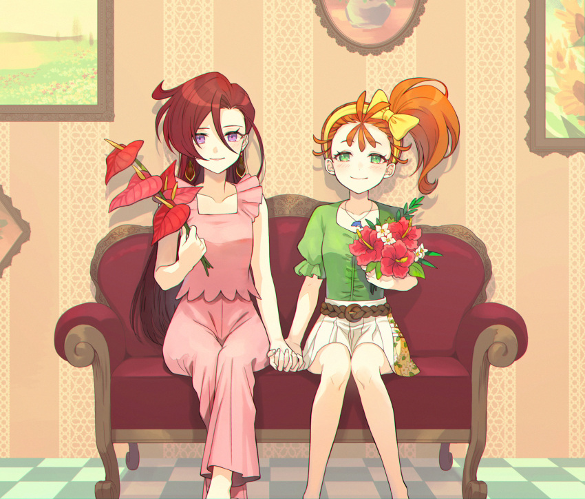 2girls asymmetrical_bangs bangs bare_arms bare_legs belt blush bouquet bow bow_hairband brown_belt brown_hair checkered_floor closed_mouth collarbone dolphin_pendant dress_shirt flower green_eyes green_shirt hair_between_eyes hair_bow hairband hibiscus high_ponytail highres holding holding_bouquet holding_hands indoors interlocked_fingers long_hair looking_at_viewer miniskirt multiple_girls natsuumi_manatsu pants parted_lips pink_pants pink_shirt pleated_skirt precure purple_eyes red_flower red_hair shiny shiny_hair shirt short_sleeves side_ponytail sitting skirt sleeveless sleeveless_shirt smile takizawa_asuka tropical-rouge!_precure very_long_hair white_flower white_skirt yellow_bow yellow_hairband yuzu_sato