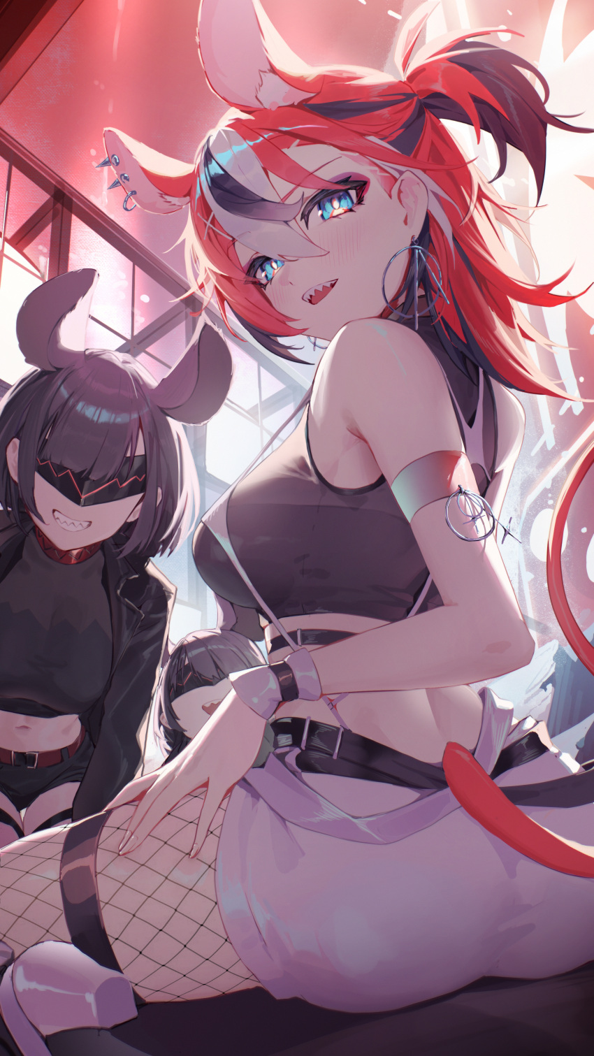3girls absurdres animal_ear_piercing animal_ears arm_strap ass backup_dancer_(hakos_baelz) black_hair black_jacket black_shirt black_shorts black_streaks blue_eyes blunt_bangs breasts bright_pupils commentary cropped_shirt double-parted_bangs earrings english_commentary extra_ears fade_(haircut) fishnet_pantyhose fishnets grin hair_between_eyes hakos_baelz hakos_baelz_(monochrome_dancer) high_heels highres hololive hololive_english hoop_earrings jacket jewelry looking_at_viewer medium_breasts medium_hair midriff mouse_ears mouse_girl mouse_tail multicolored_hair multiple_girls navel official_alternate_costume official_alternate_hairstyle one_side_up open_mouth pantyhose red_hair sharp_teeth shirt short_shorts shorts sitting sleeveless sleeveless_shirt smile streaked_hair tail teeth virtual_youtuber white_pupils white_shorts white_streaks wrist_cuffs yoellim5
