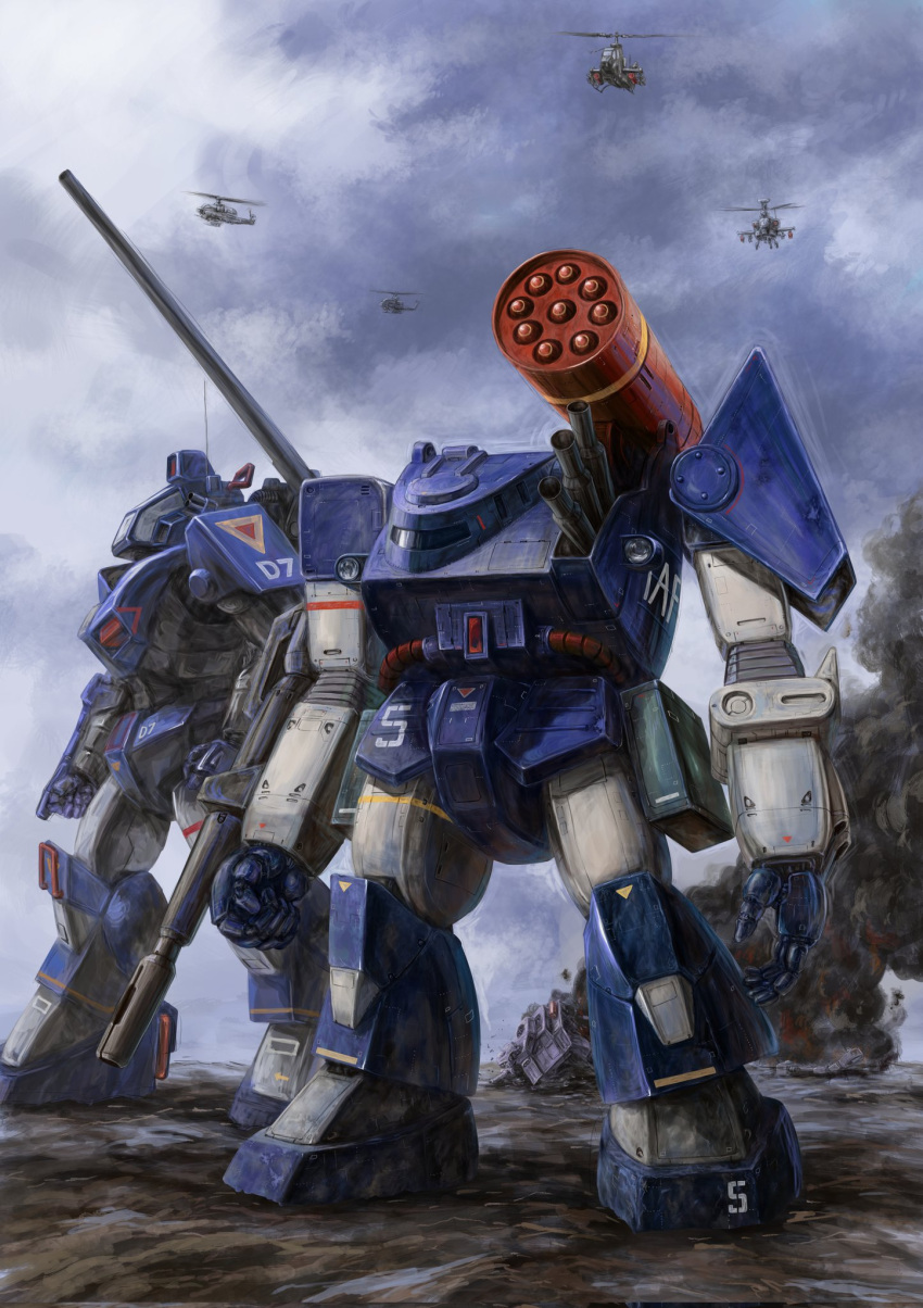abitate_f44a_crab_gunner aircraft arm_cannon clenched_hands cloud cloudy_sky dougram helicopter highres ironfoot leaning_forward mecha no_humans open_hand science_fiction shoulder_cannon sky smoke taiyou_no_kiba_dougram weapon zandan_zero_to_na!?