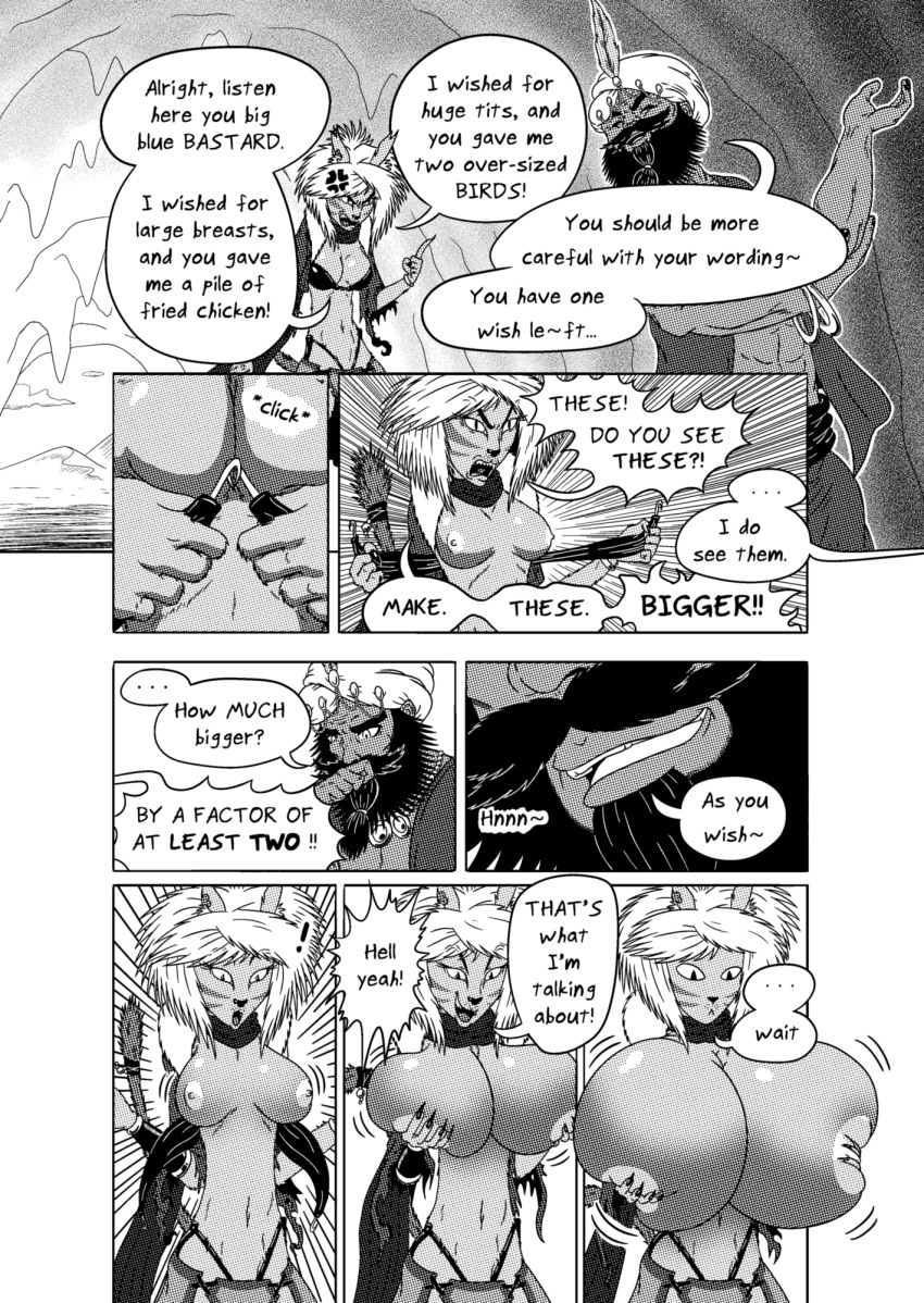 anthro beard big_breasts breast_expansion breast_grab breast_squish breasts cam'wethrin catfolk clothed clothing comic dachimotsu dialogue djinni_(species) domestic_cat dungeons_and_dragons duo english_text expansion exposed_breasts facial_hair felid feline felis female fur genie hair hand_on_breast hasbro headgear headwear hi_res holding_breast humanoid male male/female mammal manga monochrome muscular muscular_male nipples pathfinder religious_clothing religious_headwear speech_bubble squish tabaxi text turban wizards_of_the_coast