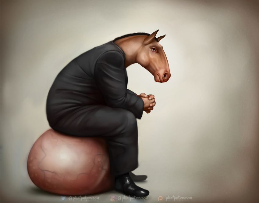 2020 anthro balls big_balls clothed clothing entwined_fingers equid equine genitals hi_res horse humor male mammal plantpotperson signature simple_background sitting sitting_on_balls sitting_on_own_balls solo suit vein veiny_balls