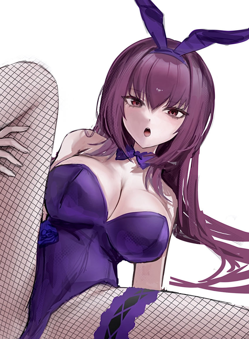 1girl absurdres animal_ears bow bowtie breasts cleavage commentary fake_animal_ears fate/grand_order fate_(series) fishnet_pantyhose fishnets frilled_thigh_strap highres large_breasts leotard long_hair looking_at_viewer official_alternate_costume open_mouth pantyhose playboy_bunny purple_bow purple_bowtie purple_eyes purple_hair purple_leotard rabbit_ears rami_(zwndu0) scathach_(fate) scathach_(piercing_bunny)_(fate) simple_background solo thigh_strap untranslatable_commentary very_long_hair white_background