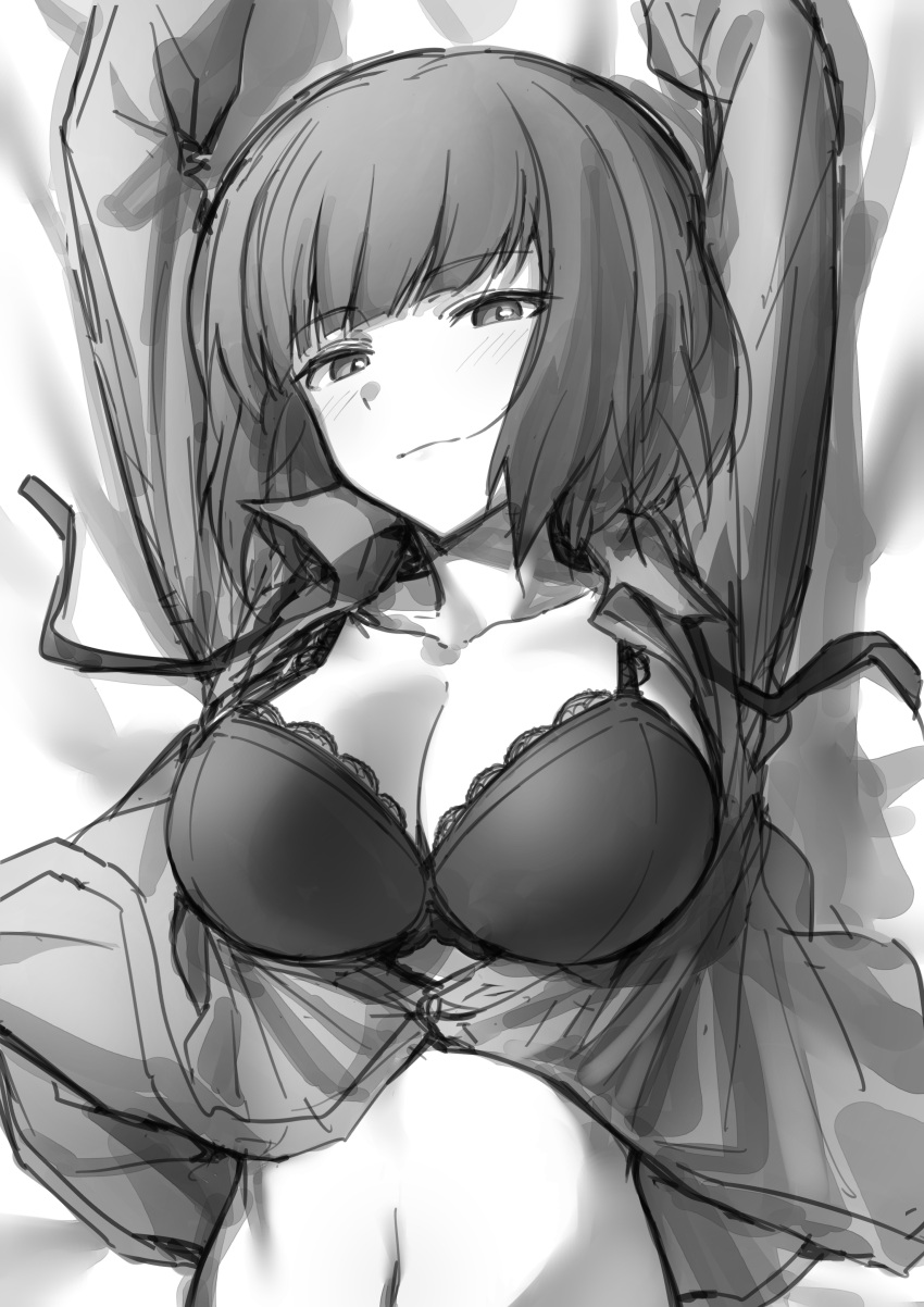 1girl absurdres arms_up blush bra brave_witches breasts cleavage eyebrows_visible_through_hair fankupl gundula_rall highres large_breasts looking_at_viewer lying midriff monochrome short_hair sketch smile solo unbuttoned unbuttoned_shirt underwear undone_necktie world_witches_series