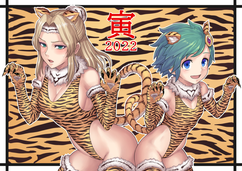 2022 2girls animal_ears animal_print blonde_hair blue_eyes breasts bun_cover chinese_zodiac claws cleavage commentary_request cowboy_shot curled_fingers elbow_gloves final_fantasy final_fantasy_iv fur-trimmed_legwear fur_trim gloves green_eyes green_hair hai_(h81908190) hair_bun highleg highleg_leotard highleg_swimsuit leotard long_hair medium_breasts multiple_girls rosa_farrell rydia_(ff4) short_hair swimsuit tail thighhighs tiger_ears tiger_print tiger_tail year_of_the_tiger