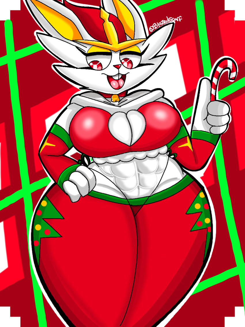 abs anthro big_breasts blazedscarf breasts candy candy_cane christmas christmas_clothing cinderace clothing dessert female food hi_res holidays lagomorph leporid mammal nintendo pok&eacute;mon pok&eacute;mon_(species) rabbit solo thick_thighs video_games wide_hips