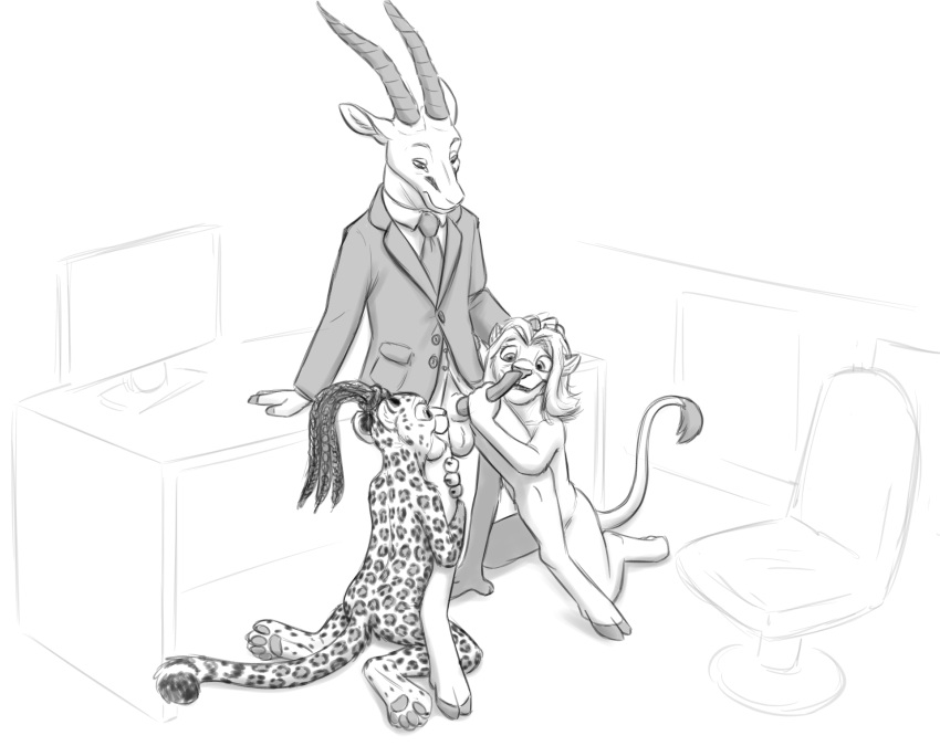 antelope anthro bovid chair clothed clothing desk embrace erection fan_character felid female formal_clothing furniture gazelle genitals group hair happy hi_res horn hug hugging_leg hugging_legs kneeling kneeling_oral_position leopard lion looking_at_genitalia looking_at_penis male male/female mammal masturbation monitor mr._tba_(radixpanther) necktie nude nude_female office_chair pantherine penis radixpanther sketch sketch_background table tawniya_"tanya"_(radixpanther) the_giant_hamster touching_hair touching_penis yora_(radixpanther)