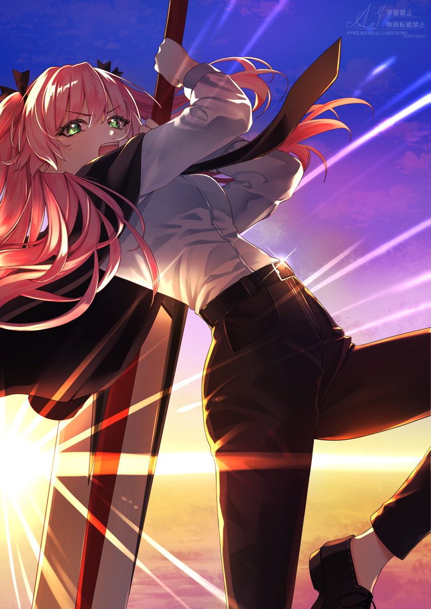 1girl 22_zefar absurdres aikawa_megumi aikawa_megumi_(twilight_maturation) artist_name backlighting belt black_jacket black_necktie black_pants black_ribbon black_suit blue_sky breasts commentary_request dress_shirt dutch_angle fighting_stance floating_hair greatsword green_eyes hair_between_eyes hair_ribbon heaven_burns_red highres holding holding_sword holding_weapon huge_weapon incoming_attack jacket jacket_on_shoulders leaning_back long_hair long_sleeves looking_at_viewer medium_breasts midair necktie official_alternate_costume open_mouth outdoors over_shoulder pant_suit pants pink_hair purple_sky ribbon shirt shoes sky solo standing suit sun sunlight sunset sword sword_over_shoulder teeth twilight twitter_username two-handed two_side_up upper_teeth_only v-shaped_eyebrows weapon weapon_over_shoulder white_shirt yellow_sky